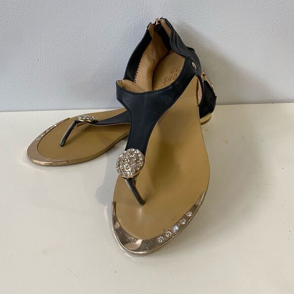 GC Shoes Black Jeweled Sandals Gold Zippered Back size 6.5 Euro 37 - Picture 10 of 11